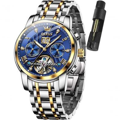 Relógio de Pulso Masculino Olevs Automático Azul em Couro com Fase da Lua 42MM
