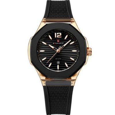 Relógio de Pulso Feminino Quartzo 5atm Analógico Silicone à Prova D'água Preto Dourado Naviforce