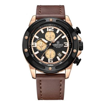 Relógio de Pulso Masculino Relógio de Quartzo Multifuncional Couro Marrom e Amarelo Naviforce