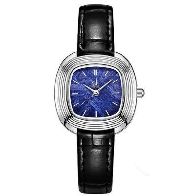 Relógio de Pulso Feminino Design Quadrado Moderno Criativo em Couro Azul Shengke