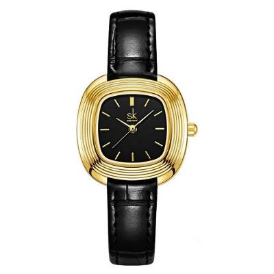 Relógio de Pulso Feminino Design Quadrado Moderno Criativo em Couro Preto Shengke