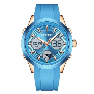 Relógio Analógico e Digital Display Duplo LED com Luz Noturna Azul Claro Silicone Sanda