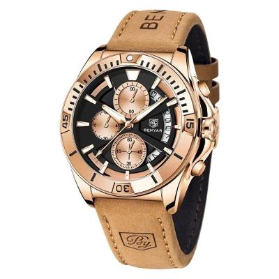 Relógio Masculino 5180 Cronógrafo em Couro Dourado Benyar com Cristal Mineral