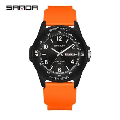 Relógio de Quartzo Masculino com Calendário Simples Silicone Silencioso Preto e Laranja Sanda