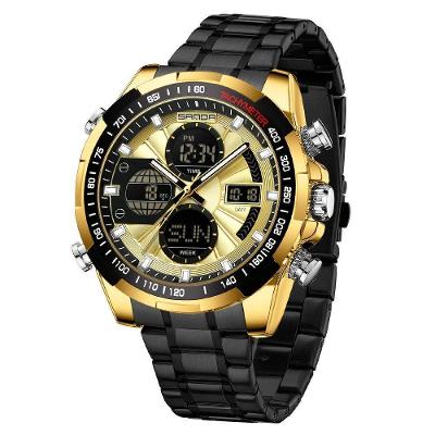 Relógio Esportivo Preto Dourado com Pulseira em Aço Inox LED Sanda
