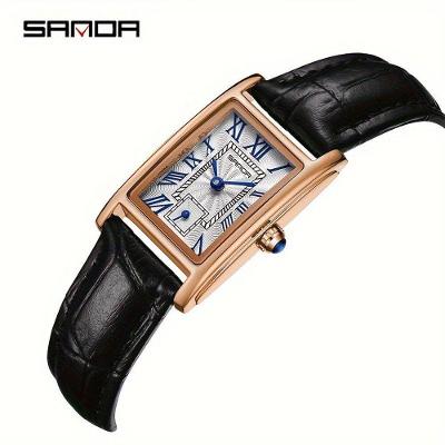 Relógio Feminino Sanda Elegante Analógico em Couro Sintético com Acabamento Dourado e Cor Vermelha