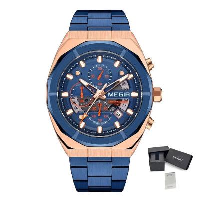 Relógio Masculino Cronógrafo com Pulseira de Aço Inox Azul Megir