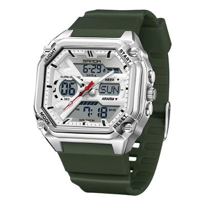Relógio Digital Masculino Design com Pulseira Silicone Luminoso Prata Verde Sanda