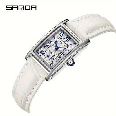 Relógio Feminino Sanda Elegante Clássico em Couro Sintético Acabamento Metálico Vermelho e Branco