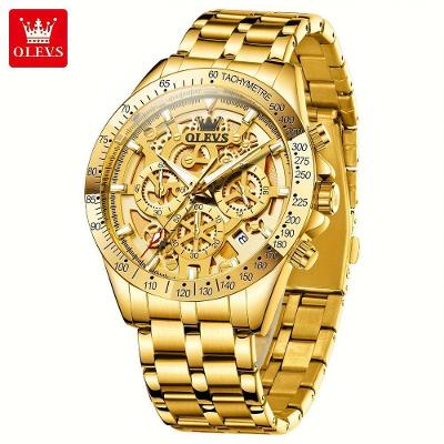 Relógio Masculino Automático Analógico Design Esqueleto Completo Dourado em Aço Inox Olevs