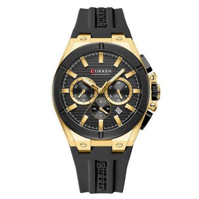 Relógio Masculino Multifunção Esportivo Casual Silicone Preto Dourado Curren