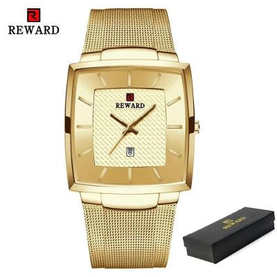 Relógio Masculino Quadradode Analógico Aço Inox Mostrador Azul Dourado Reward