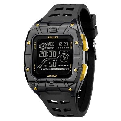 Relógio Masculino Digital Esportivo Multifunção em Plástico Preto e Dourado Smael