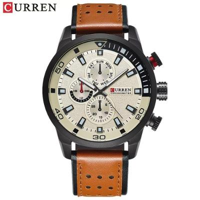 Relógio Masculino Curren Analógico Pulseira Couro Pu Moderno Elegante Laranja