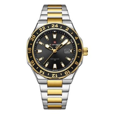 Relógio Masculino Quartzo 3ATM Analógico em Aço Inox Preto Dourado Naviforce