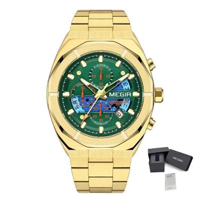 Relógio Masculino Cronógrafo com Pulseira de Aço Inox Dourado Megir
