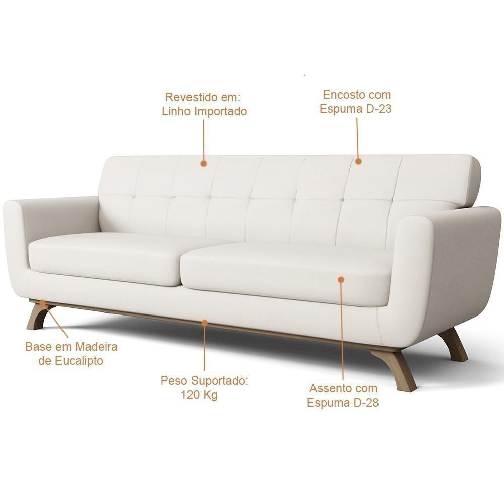 Sofá 3 Lugares Sala De Estar Miami 230 Cm Linho Cru A-430 - 3