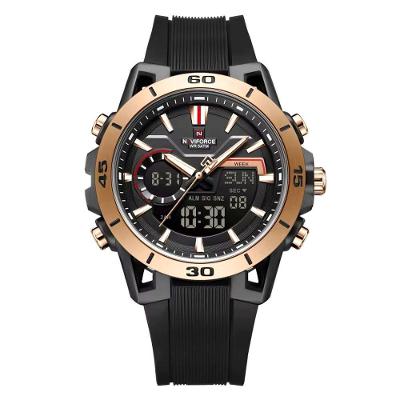 Relógio Masculino Dual Display Esportivo em Couro Preto Rose Naviforce