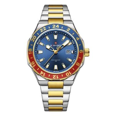 Relógio Masculino Quartzo Azul Dourado Analógico Aço Inox LED Naviforce