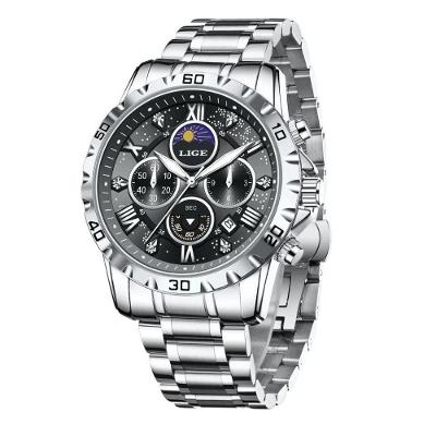 Relógio Masculino Lige de Luxo Cronógrafo Aço Inox Display LED Prata Lige