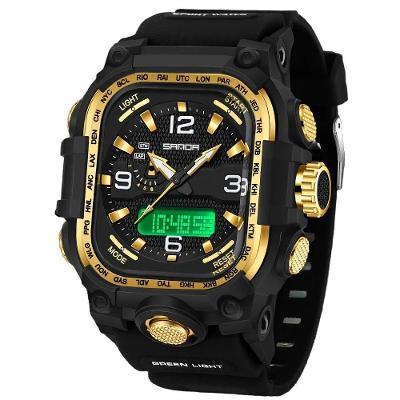 Relógio Unissex Triplo Fuso Horário Digital com LED Preto Dourado Sanda