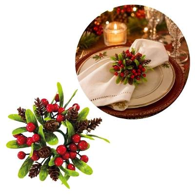 Porta Guardanapo Decorado Argola Decorativa Natal com Folhagens Verdes Pinhas e Berries Yangzi