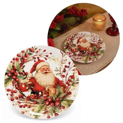 Prato de Sobremesa Papai Noel e Azevinhos em Melamina Natalino Decorado Vermelho Yangzi 20CM