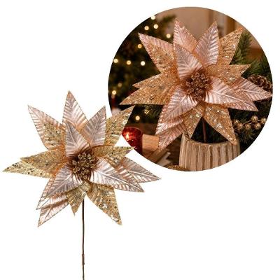 Flor Bico de Papagaio Pick Natalino Luxo Rosê Gold com Glitter Yangzi 28CM