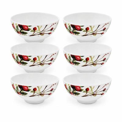 Kit Tigela Bowl Natalina em Melamina 6 Unidades Estampa Folhagens e Azevinhos Branco Yangzi 300ML