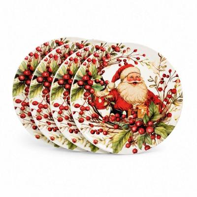 Prato de Sobremesa Papai Noel e Azevinhos em Melamina Estampa Natalina para Ceia Vermelho Yangzi