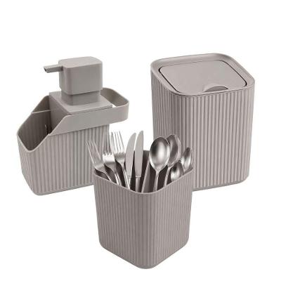 Kit Organizador para Pia de Cozinha 3 Peças Porta Detergente Talheres e Lixeira Cinza Prime