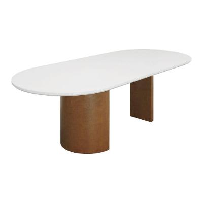 Mesa de Jantar Flórida Oblongo 8 Lugares Tampo Oblongo MDF Laqueado Amêndoa com Vidro Off-White