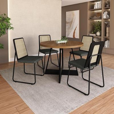 Conjunto Sala de Jantar Marina 4 Lugares Tampo MDP com Estrutura em Aço Preto 99CM Móveis Carraro