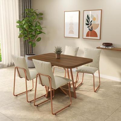 Conjunto de Jantar Atila 4 Lugares Tampo MDP e Estrutura Aço Rosê 120CM Móveis Carraro