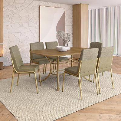Conjunto de Jantar Manila 6 Lugares Tampo em MDP com Cadeiras em Tecido Premium Dourado Móveis