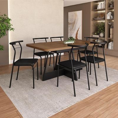 Conjunto de Jantar New 6 Lugares Tampo MDP Cadeiras Couro Sintético Preto 160CM Móveis Carraro