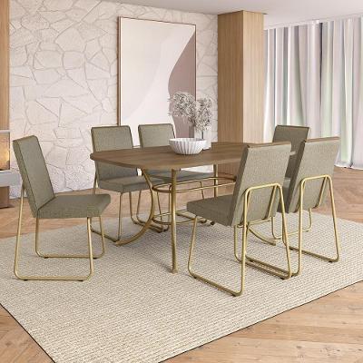 Conjunto de Jantar Solare 6 Lugares Tampo MDP com Cadeiras em Aço Dourado 160CM Móveis Carraro