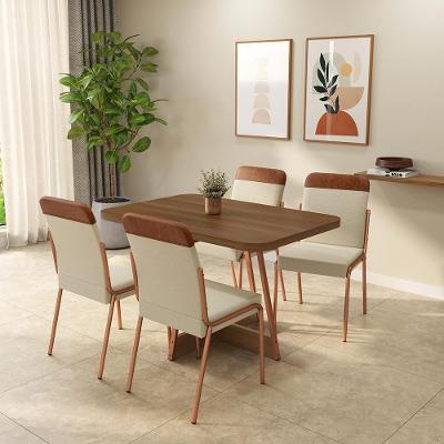 Conjunto de Jantar Malu 4 Lugares Tampo MDP Cadeiras Couro Sintético Rosê 120CM Móveis Carraro