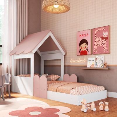 Cama Infantil Montessoriana Casinha com Grade MDP Branco e Rosa Completa Móveis 108CM Solteiro