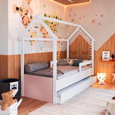 Cama Infantil Montessoriana com Cama Auxiliar MDP Branco com Rosa Completa Móveis