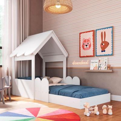 Cama Infantil Montessoriana Casinha com Grade MDP Branco Completa Móveis 108CM Solteiro
