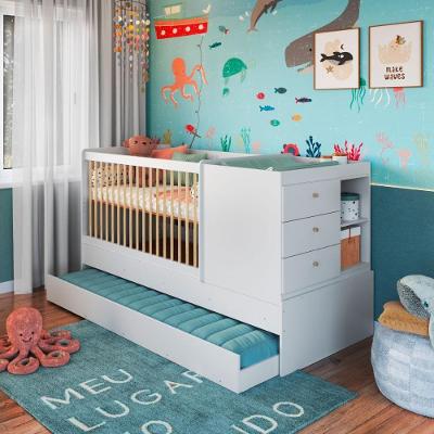 Berço Multifuncional com Cômoda e Cama Auxiliar BB023BCBC MDP Branco Completa Móveis