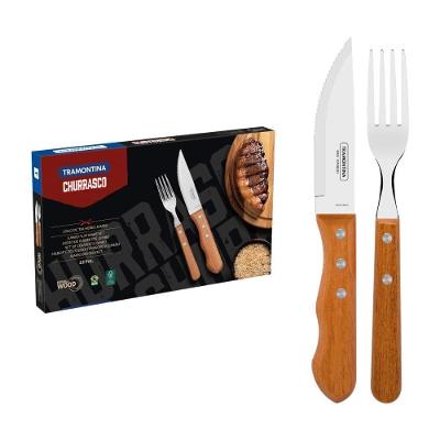Jogo de Talheres para Churrasco Dynamic Aço Inox e Madeira Natural 12 Peças para Mesa Marrom