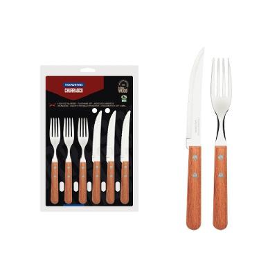 Jogo de Talheres Churrasco 6 Facas e 6 Garfos Aço Inox Cabo Madeira Amadeirado Tramontina 12 Peças