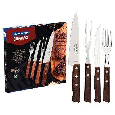 Jogo de Talheres Churrasco com Lâminas em Aço Inox e Cabos de Madeira Natural para Churrasco
