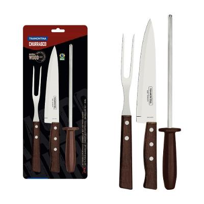 Kit para Churrasco Tramontina Faca Peixeira 7 Garfo Trinchante Chaira 8 Aço Inox Madeira Natural