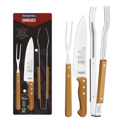 Jogo para Churrasco 22399075 3 Peças em Aço Inox e Madeira Natural para Servir Carne Amadeirado