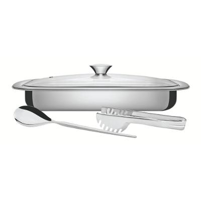 Assadeira Kit Assar e Servir Cosmos Aço Inox com Tampa de Vidro 3 Peças Prata Tramontina 3,2L