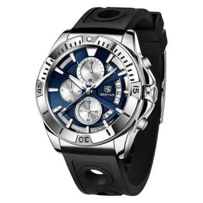 Relógio Masculino 5180 Cronógrafo Quartzo Pulseira em Couro Preto Resistente à Água Benyar