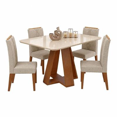 Conjunto Sala de Jantar Maria 4 Lugares Tampo em MDF com Cadeiras Tati Amadeirado e Creme 120CM DJ